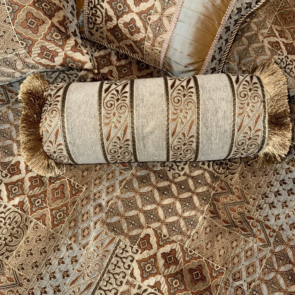 Vintage Brocade Fabric Bedspread Queen Shams Decorative Pillows Gold Tan Browns